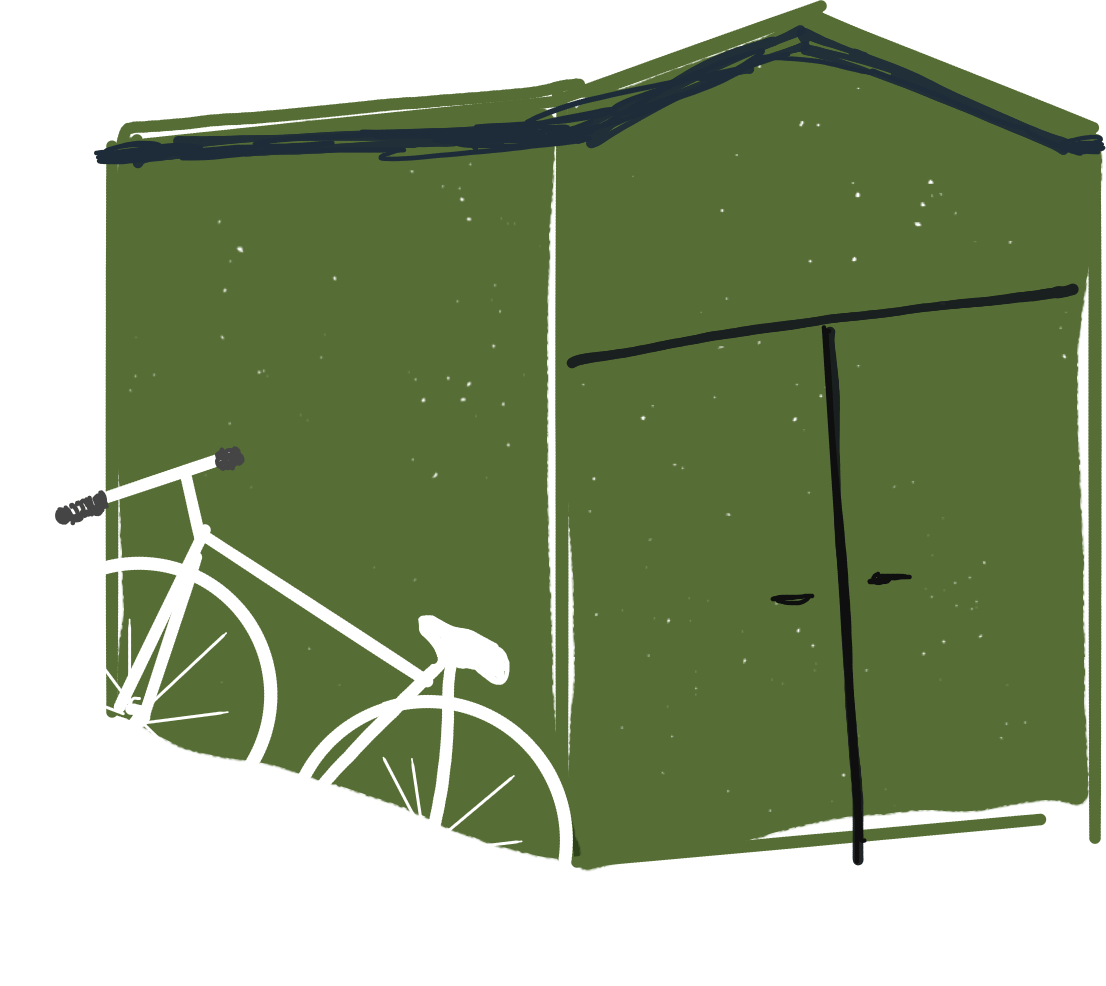 Bike leaning on the side of a shed